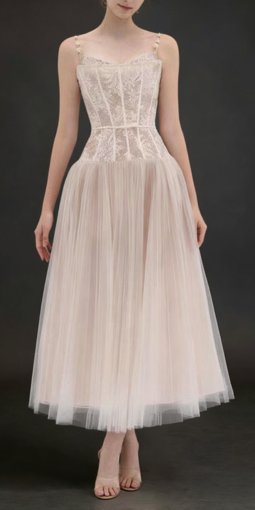 Alani Apricot Lace Mermaid Spaghetti Strap Tulle Dress