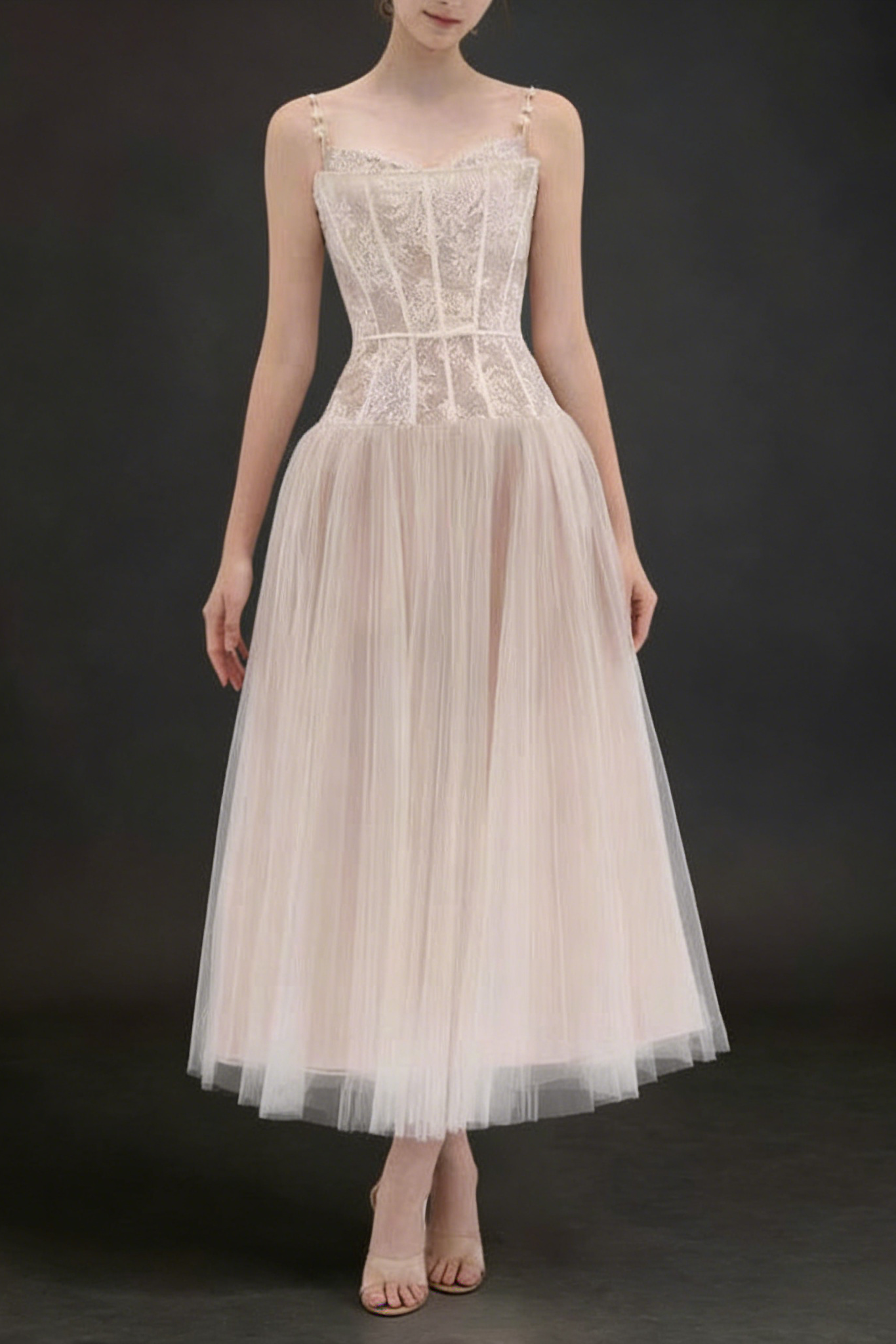 Alani Apricot Lace Mermaid Spaghetti Strap Tulle Dress