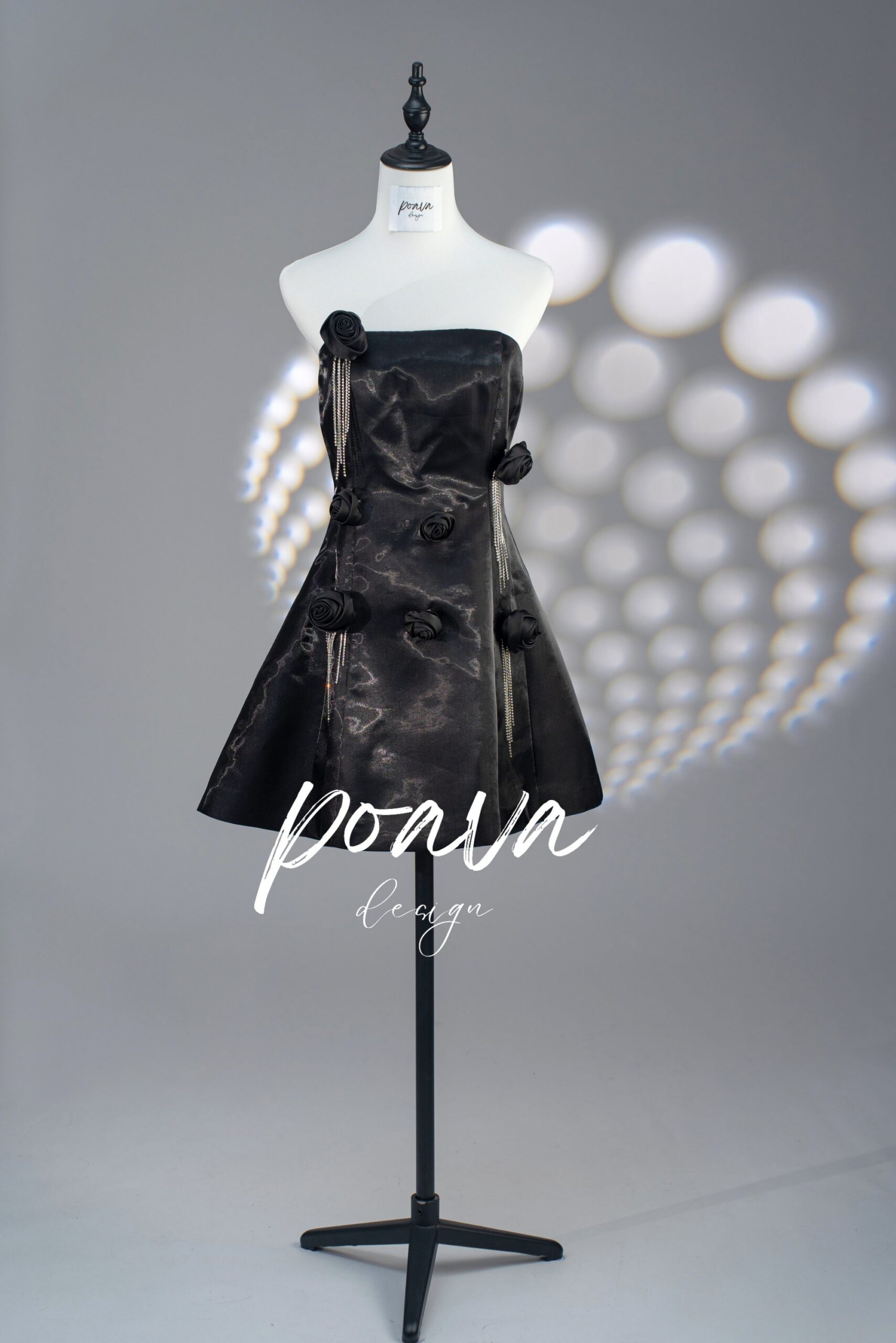 SATIN FLOWER MINI DRESS, BLACK, COCKTAIL