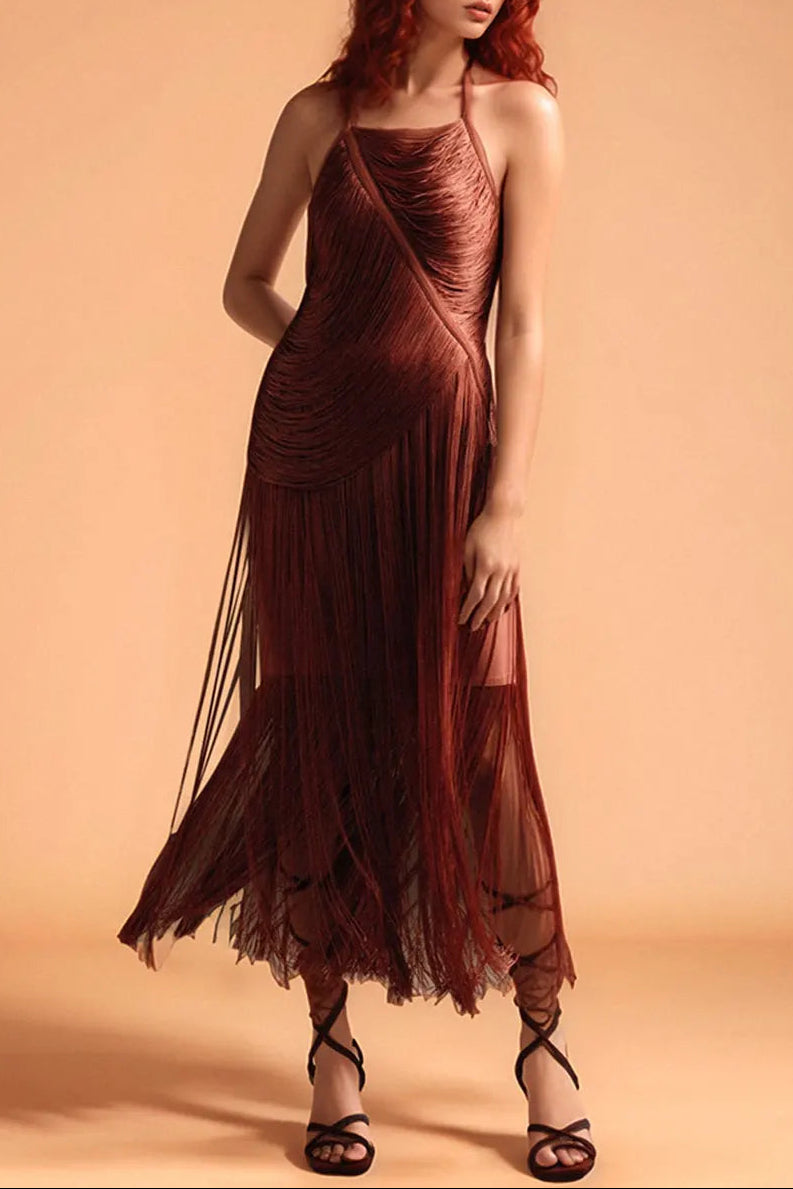 NICOLA PLEATED HALTER FRINGE MAXI DRESS BROWN