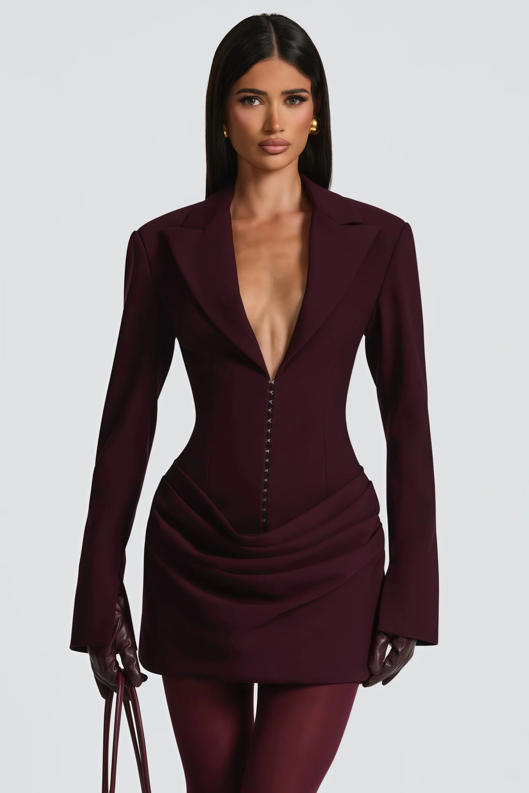 AMELIA V-NECK RUCHED BLAZER MINI DRESS IN WINE RED