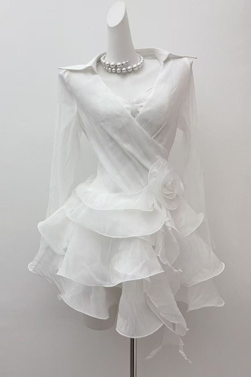 FLOWER RUFFLE RIBBON WHITE MINI DRESS
