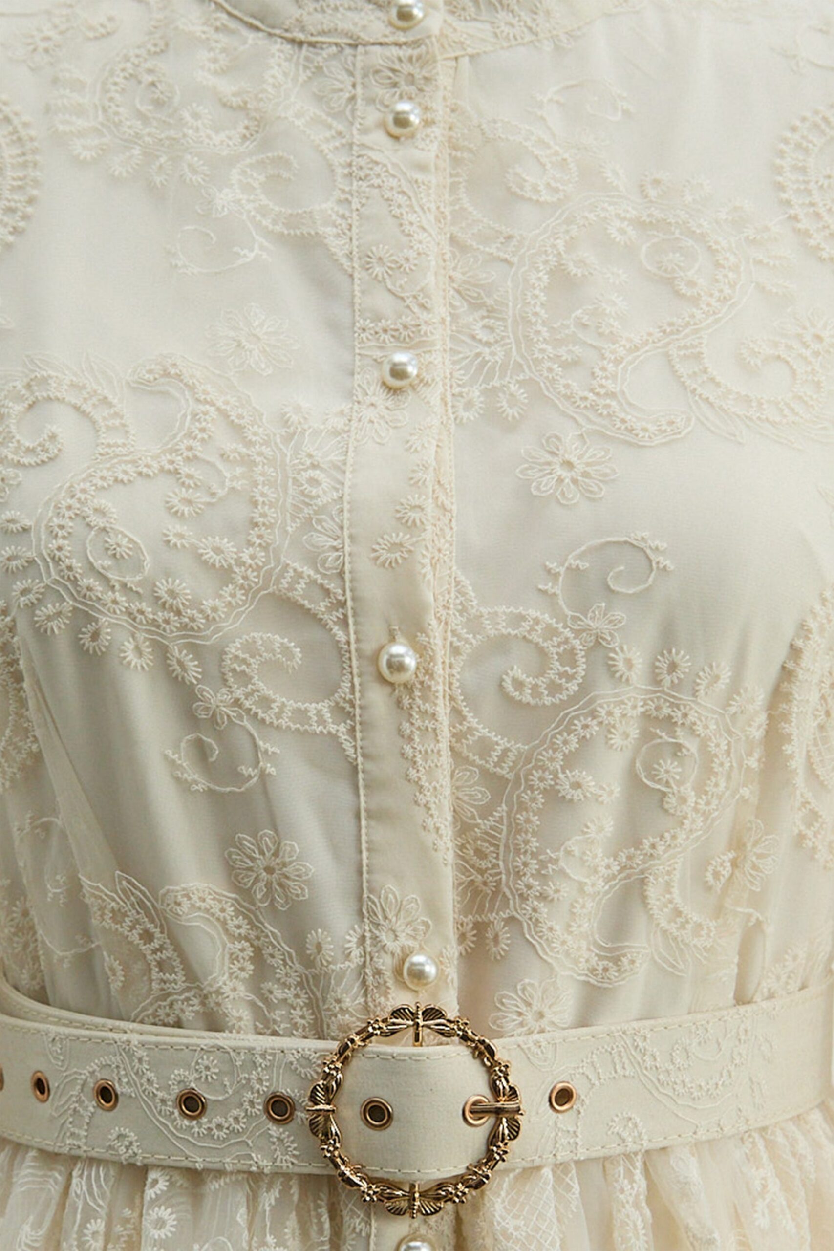 CREAM LACE STAND COLLAR BELL SLEEVE BELTED MIDI SHIRT DRESS