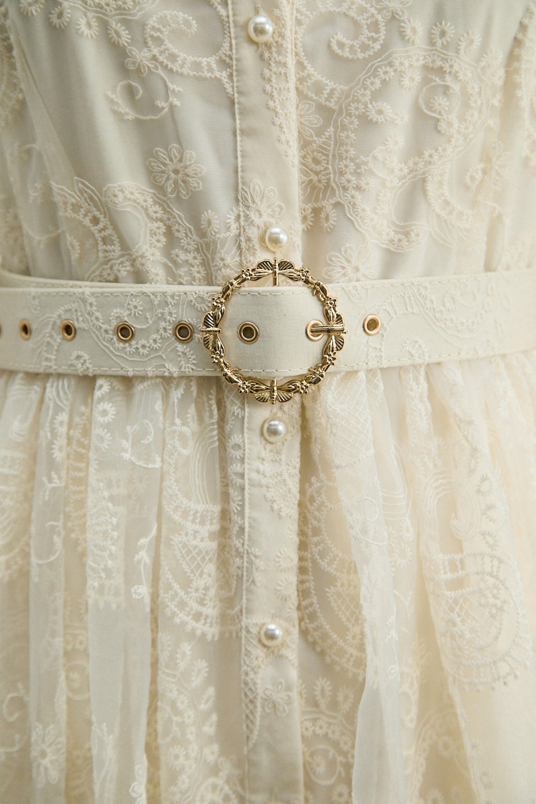 CREAM LACE STAND COLLAR BELL SLEEVE BELTED MIDI SHIRT DRESS