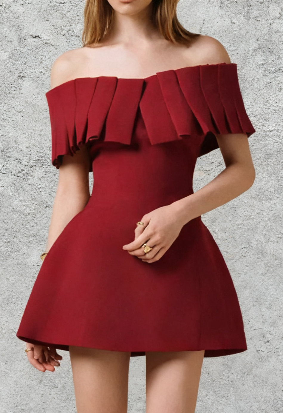 26 MARCIA OFF-SHOULDER PLEATED RED MINI DRESS