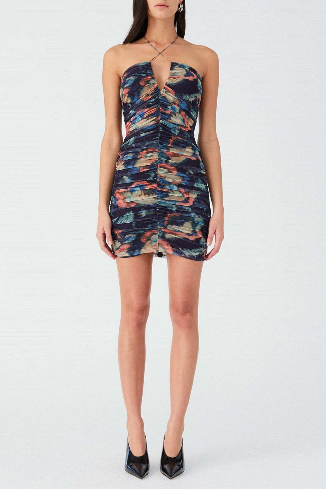 MULTICOLOR FLORAL PLEATED BODYCON MINI DRESS