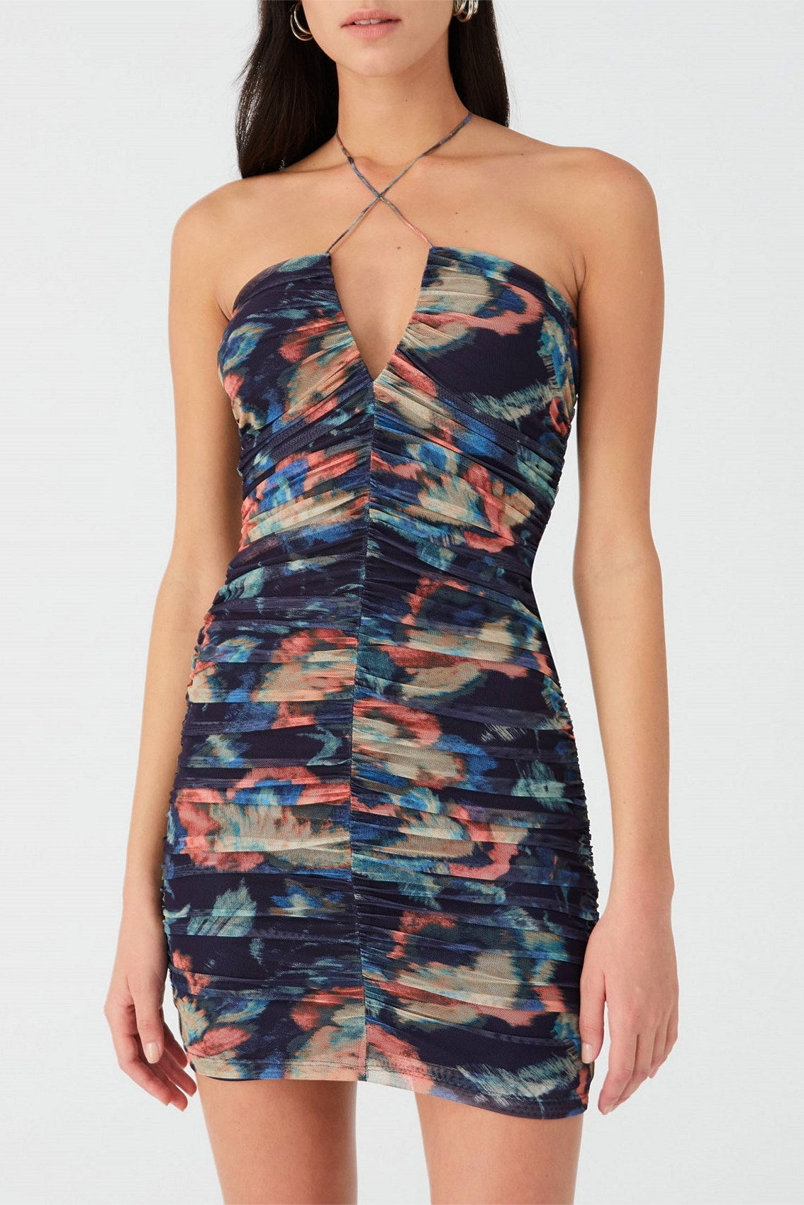 MULTICOLOR FLORAL PLEATED BODYCON MINI DRESS