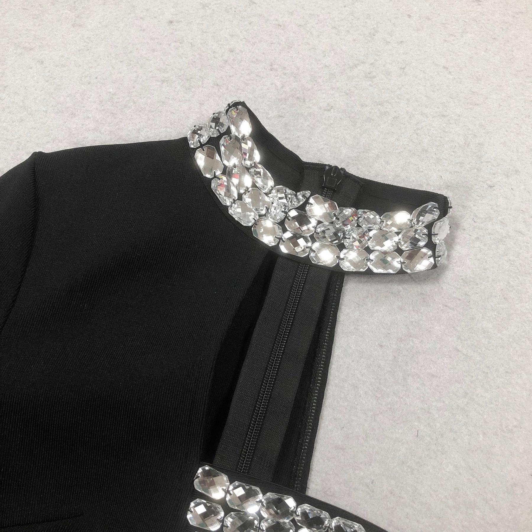 CRYSTAL ONE-SLEEVE CUT-OUT MAXI DRESS, BLACK