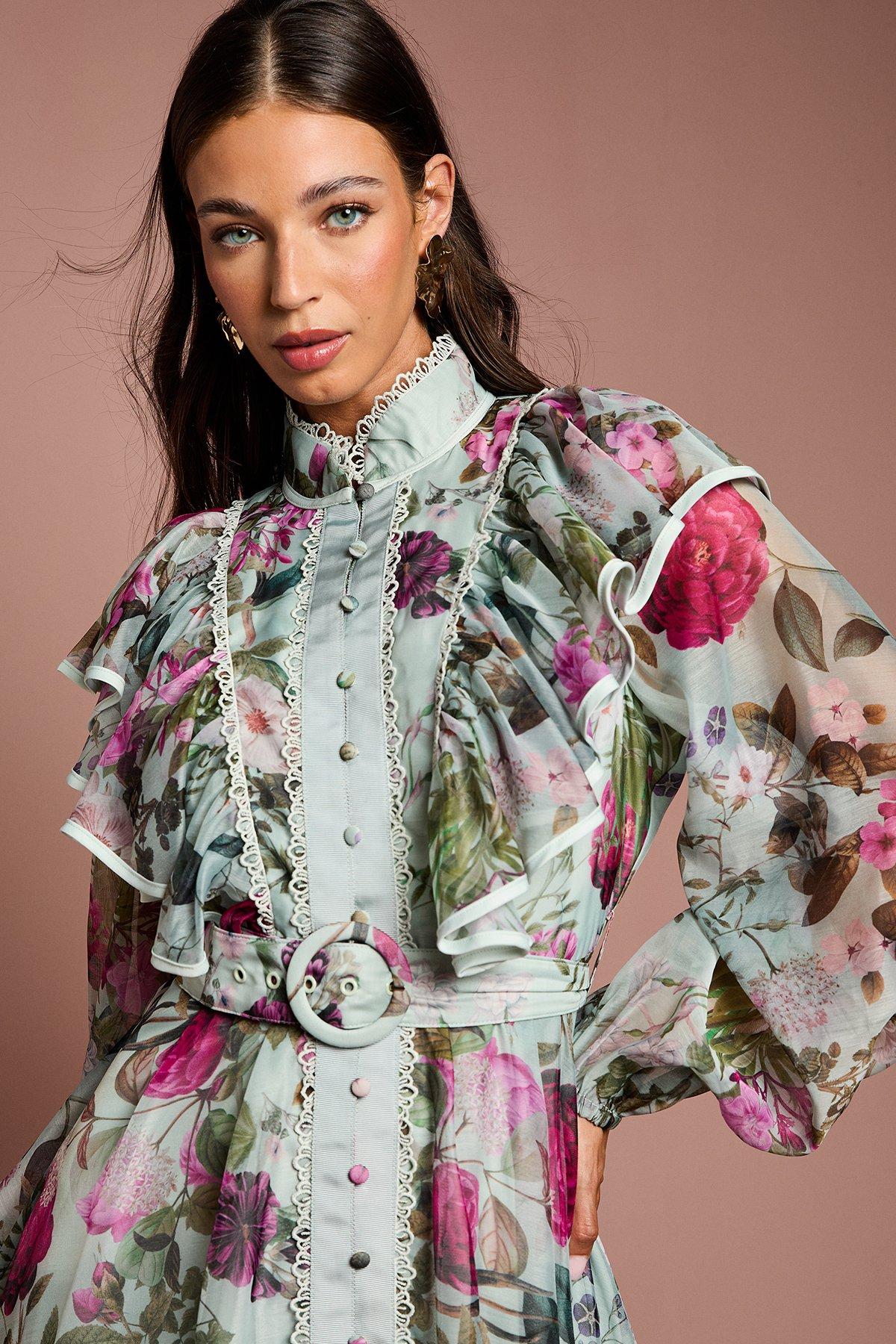 GREEN PRINTED ORGANZA MIDI SHIRT DRESS