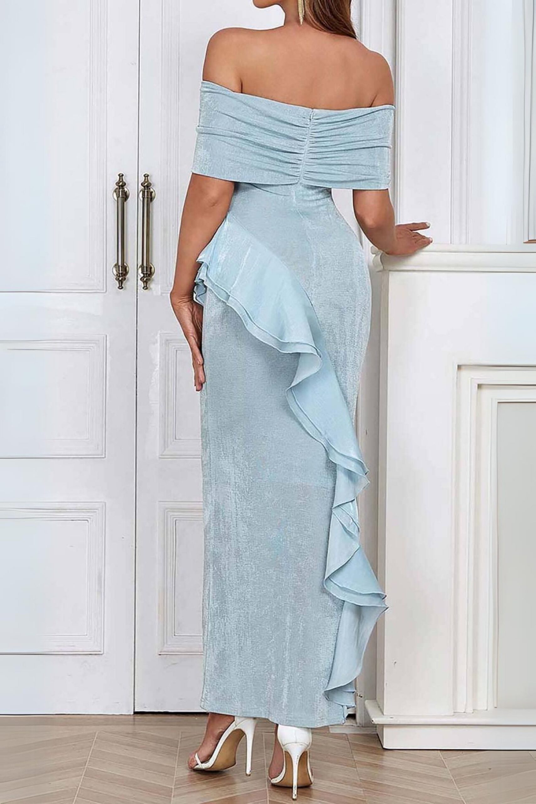 OFF SHOULDER RUFFLED MAXI DRESS IN TINGED BLUE