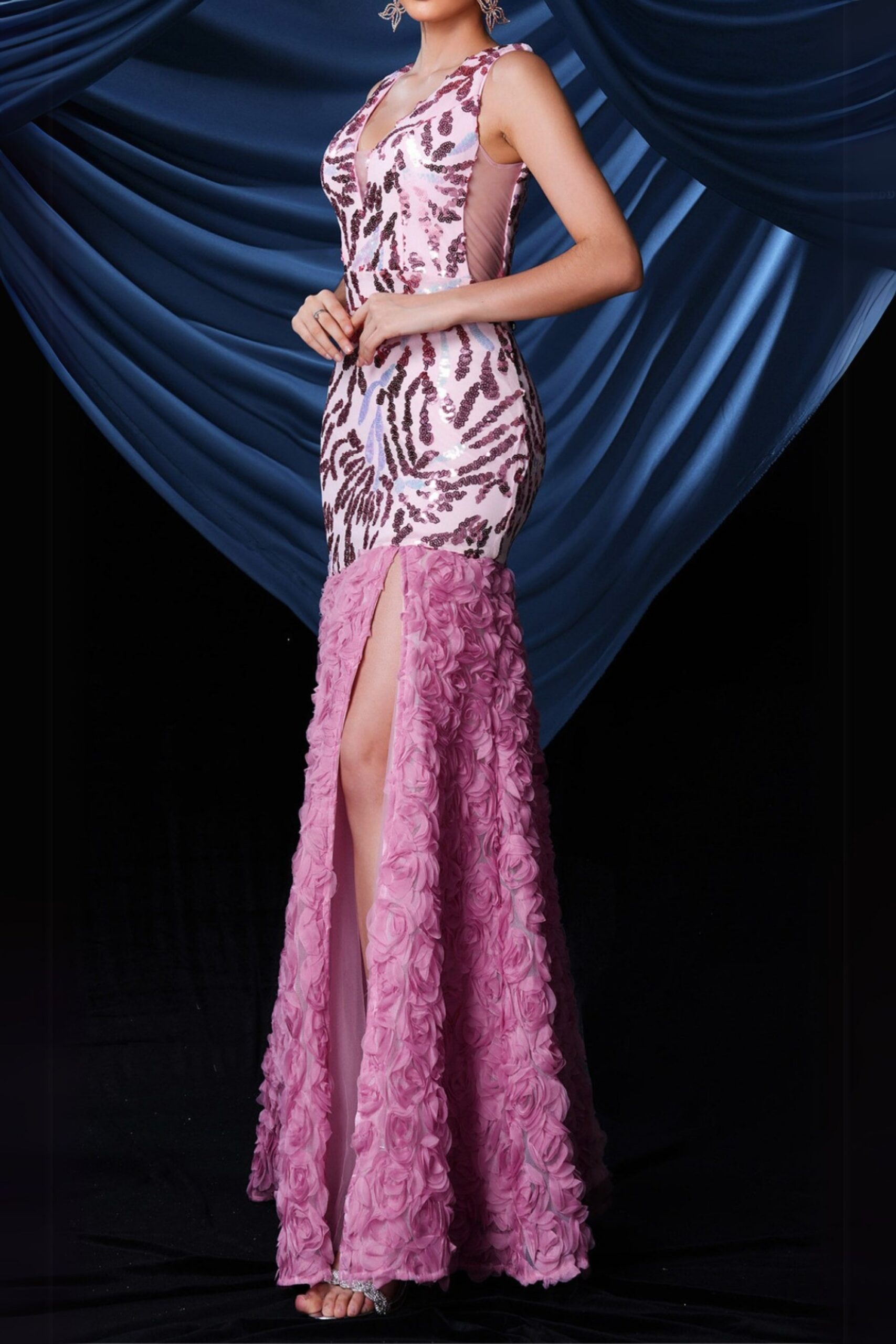 FLORAL SEQUIN SPLIT MAXI DRESS, PINK PARTY GOWN