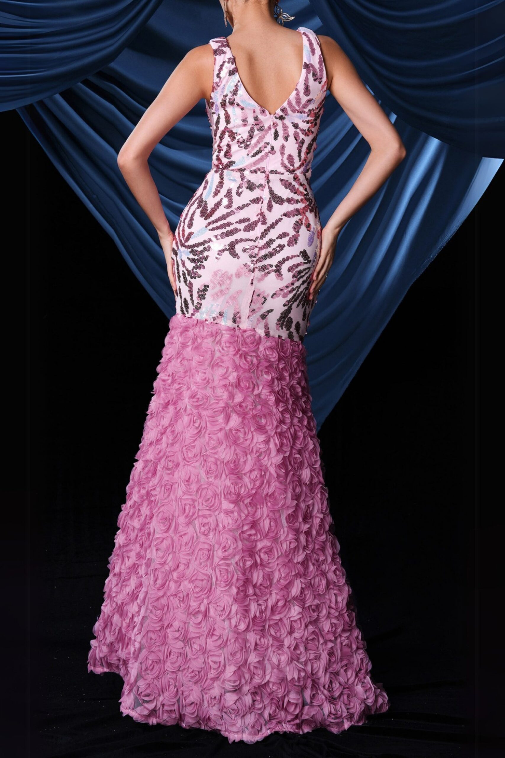 FLORAL SEQUIN SPLIT MAXI DRESS, PINK PARTY GOWN
