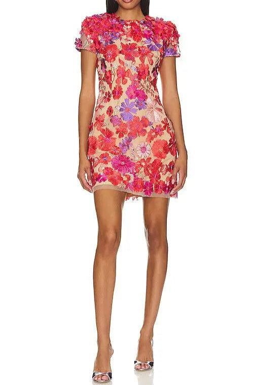 EMBROIDERED APPLIQUE RED SLIM MINI DRESS
