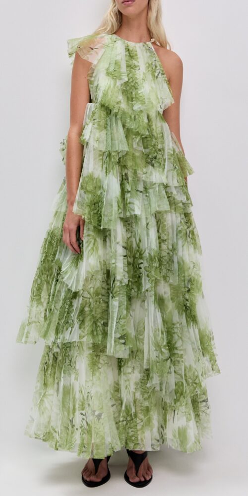 claire green floral print pleated layer maxi dress