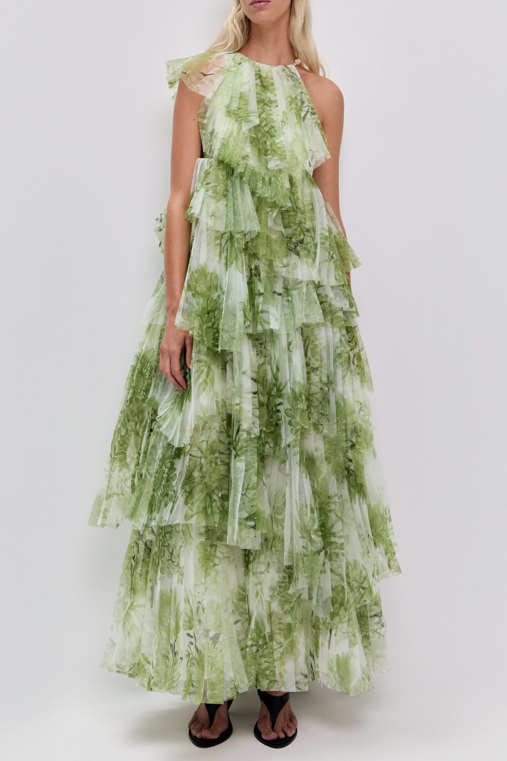 26SU5363_OLI-NA-FL_1 CLAIRE GREEN FLORAL PLEATED MAXI DRESS