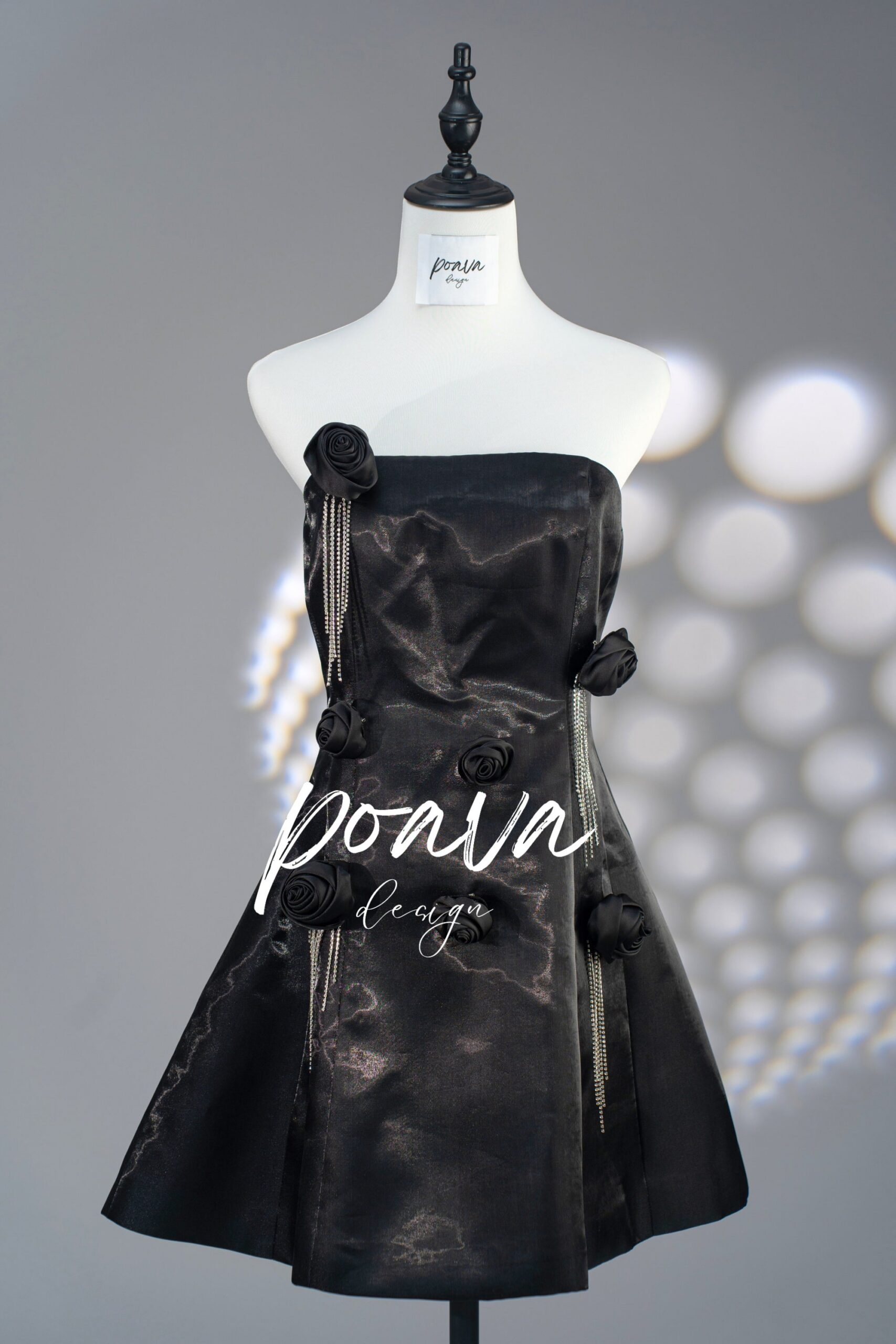 SATIN FLOWER MINI DRESS, BLACK, COCKTAIL