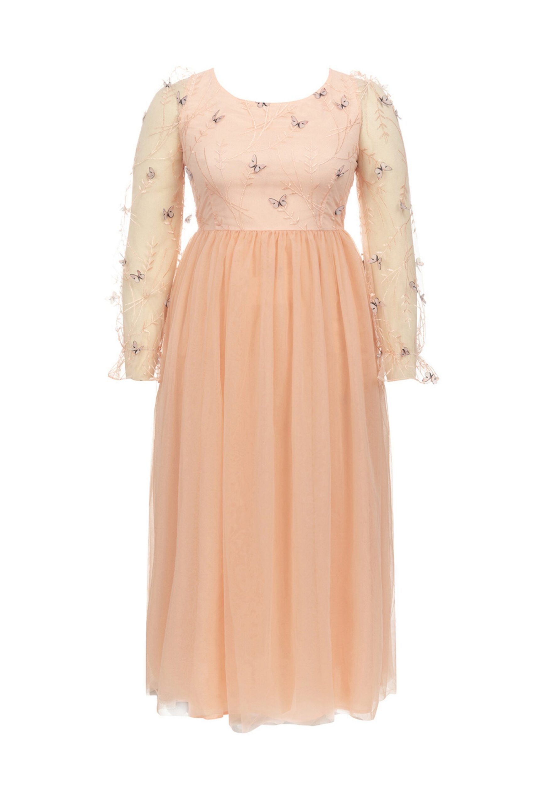 EMBROIDERED TULLE LONG SLEEVE MAXI DRESS