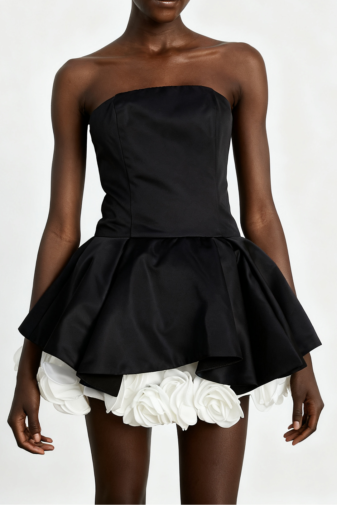 BLACK PETAL-LAYER STRAPLESS CORSET MINI DRESS