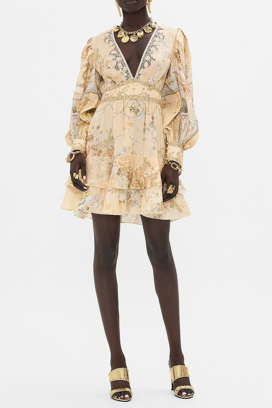V-NECK FLORAL SILK MINI DRESS FOR PARTY