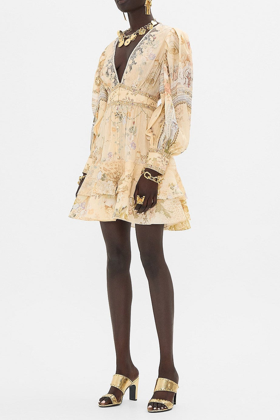 V-NECK FLORAL SILK MINI DRESS FOR PARTY