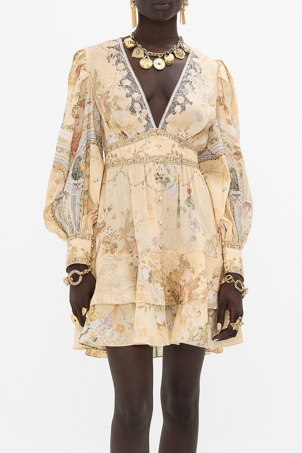 V-NECK FLORAL SILK MINI DRESS FOR PARTY