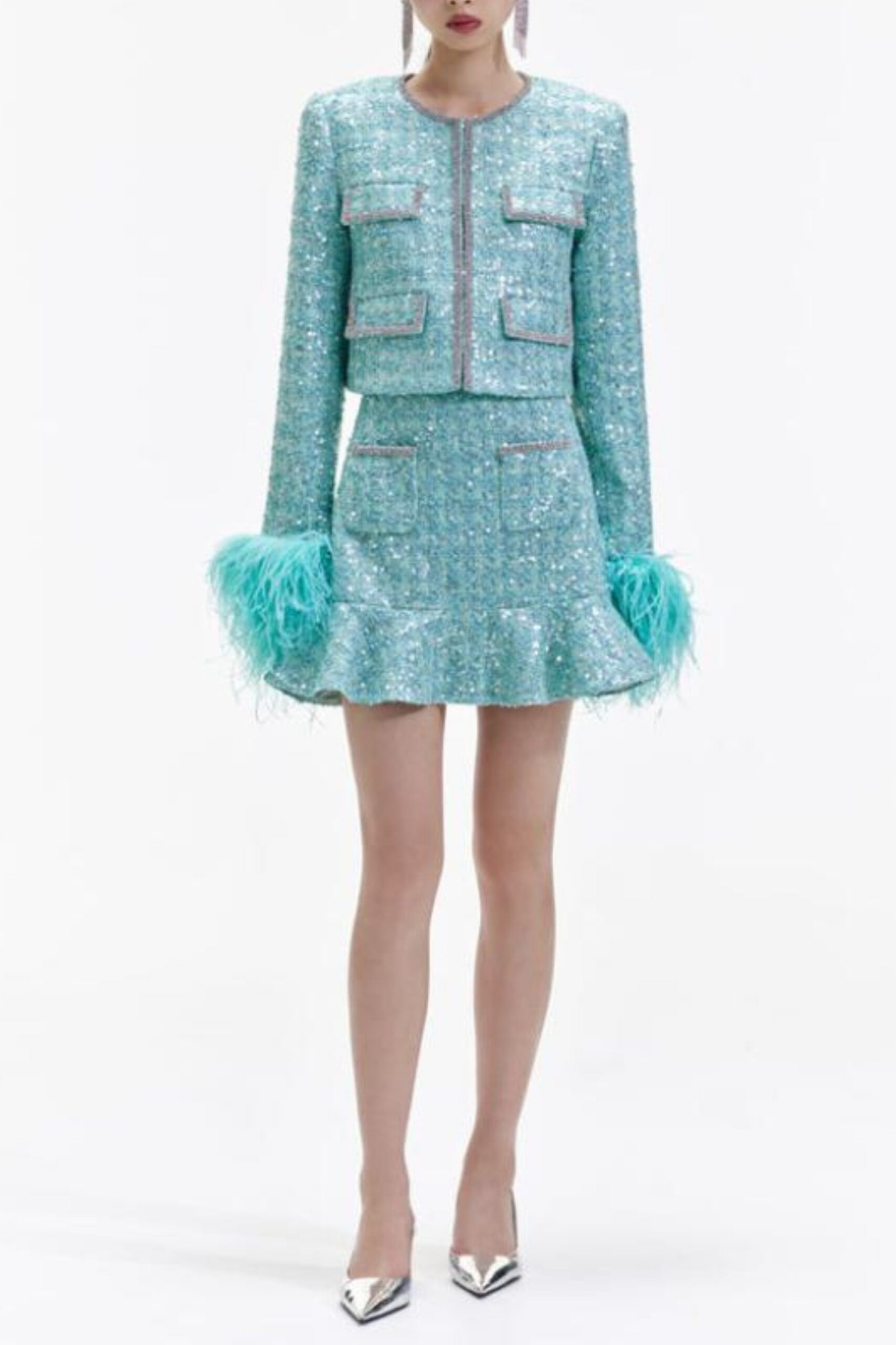 276 STEPHANIE GREEN BOUCLE FEATHER JACKET SUIT