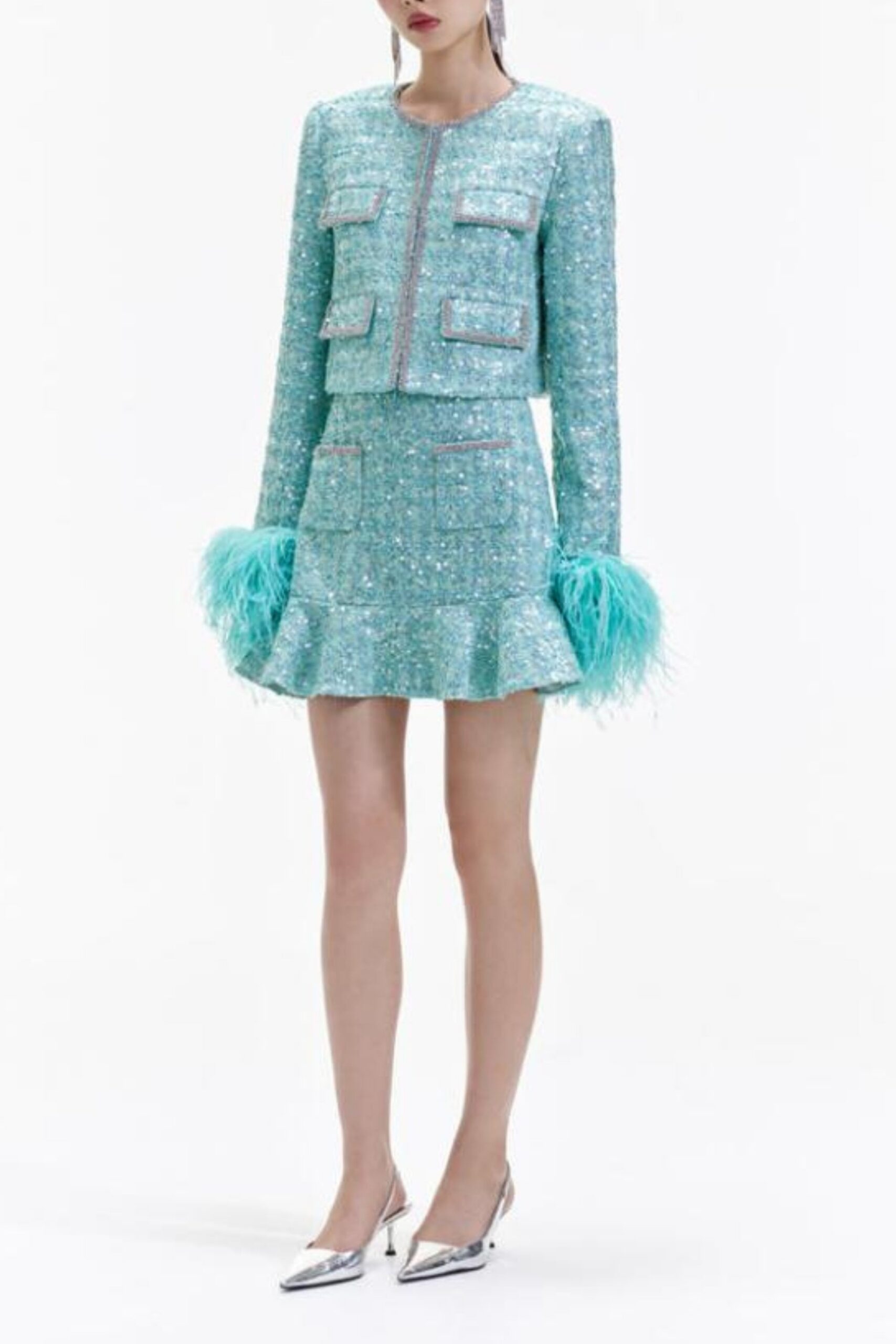 STEPHANIE GREEN BOUCLE FEATHER JACKET SUIT