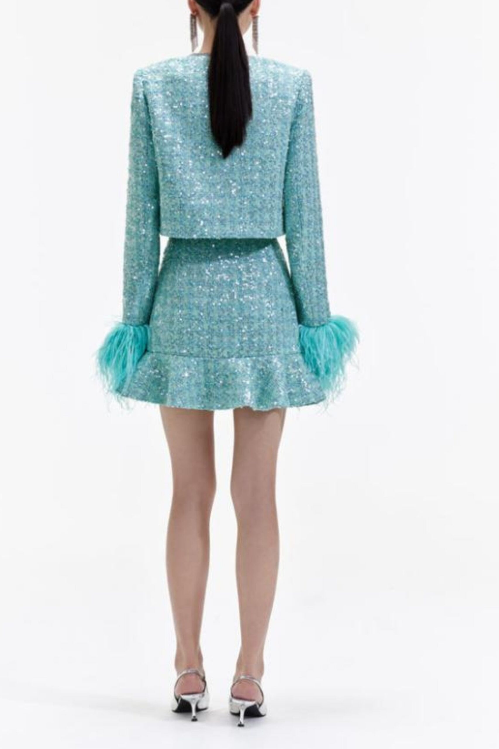 STEPHANIE GREEN BOUCLE FEATHER JACKET SUIT