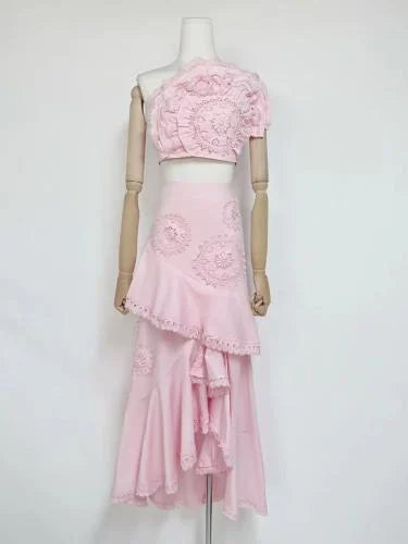 NINA RUFFLED STRAPLESS TOP MERMAID SKIRT SET - PINK