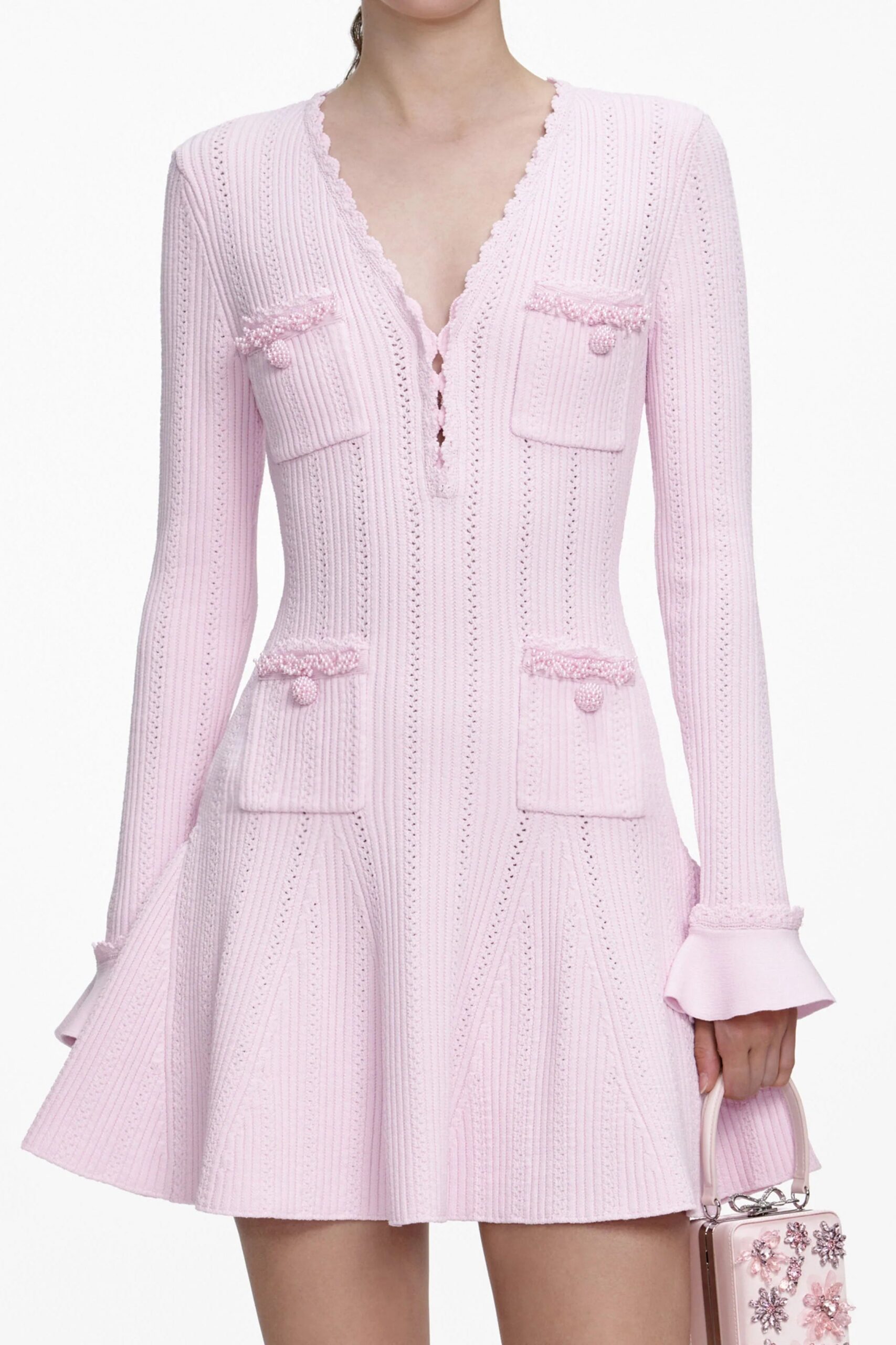 XYLIA PINK PEARL V-NECK KNIT MINI DRESS