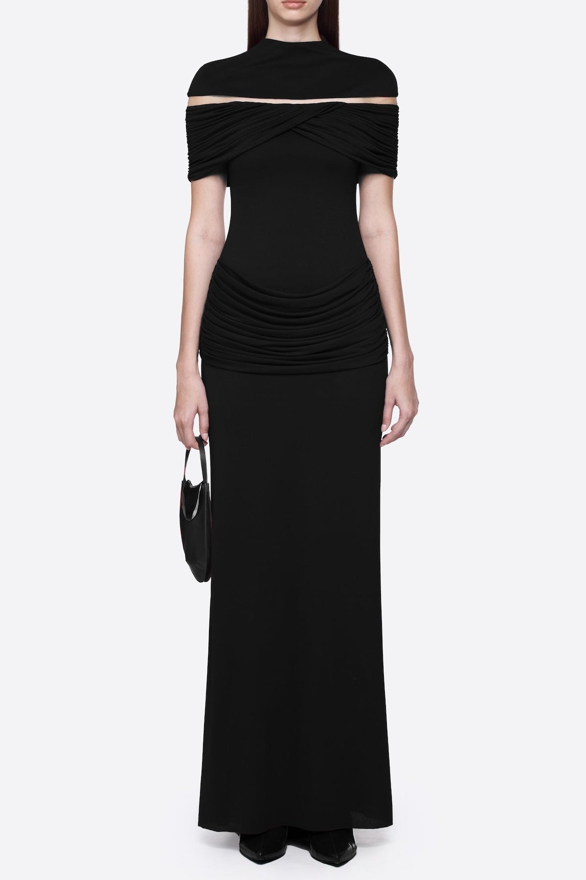 MEGAN RUCHED PATCHWORK MAXI DRESS BLACK