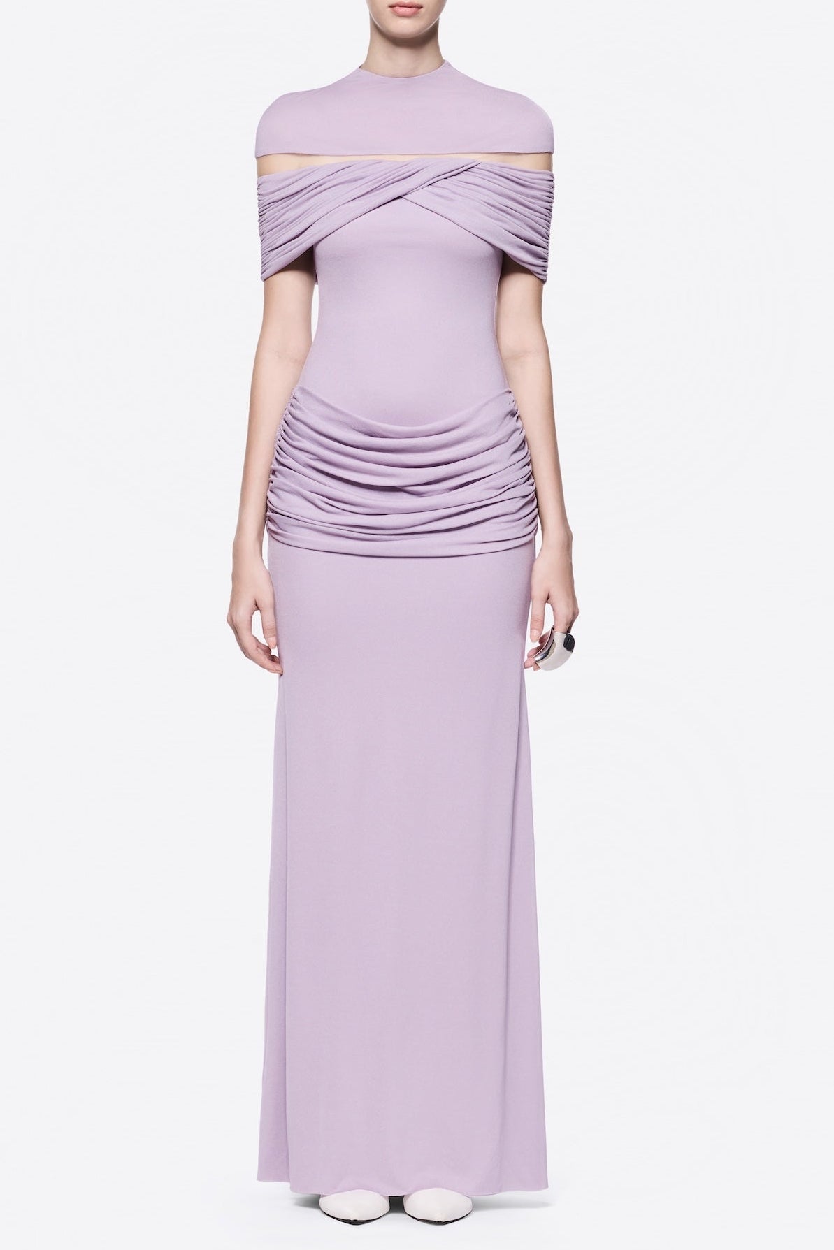 MEGAN RUCHED KNIT PATCHWORK PURPLE MAXI DRESS