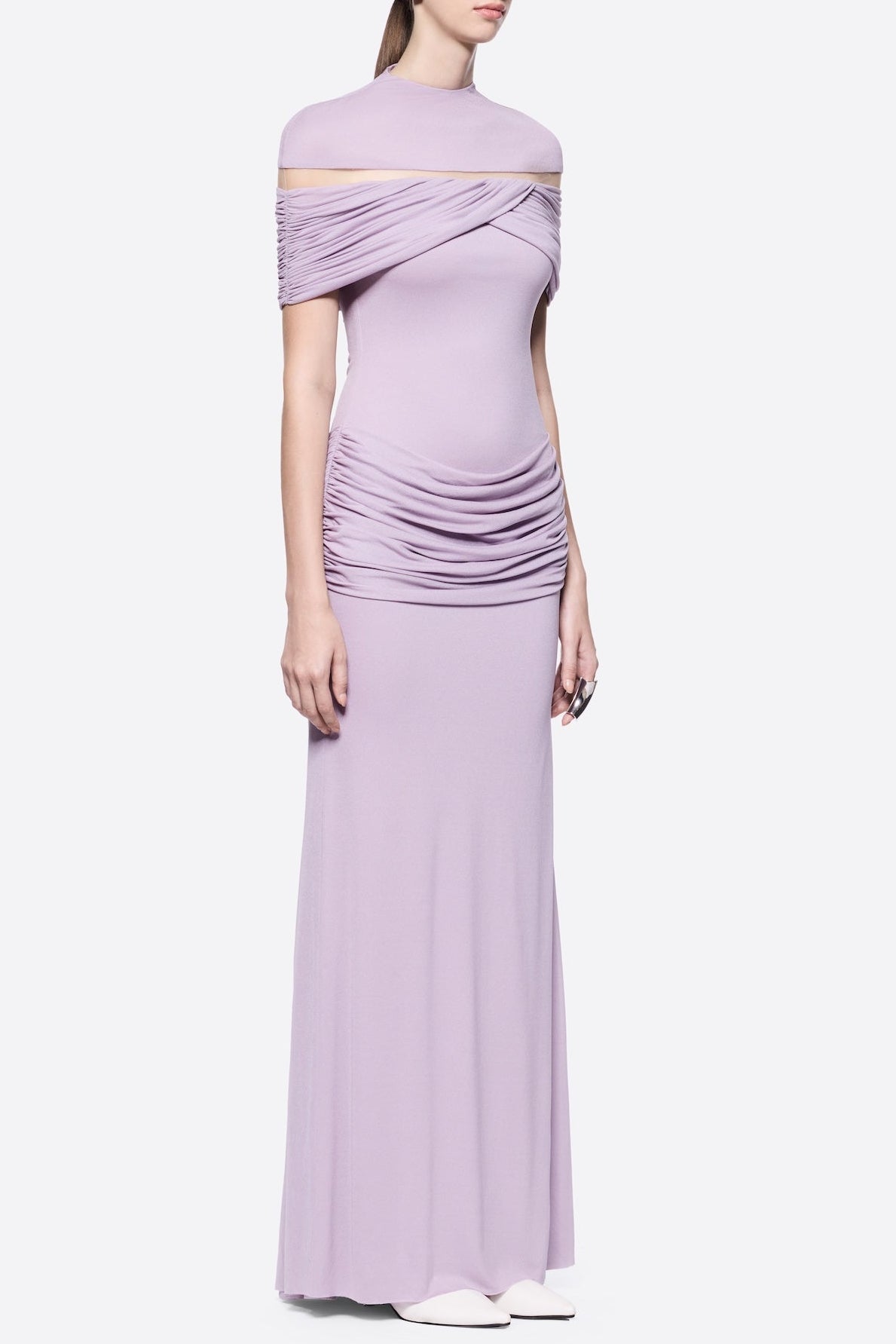 MEGAN RUCHED KNIT PATCHWORK PURPLE MAXI DRESS