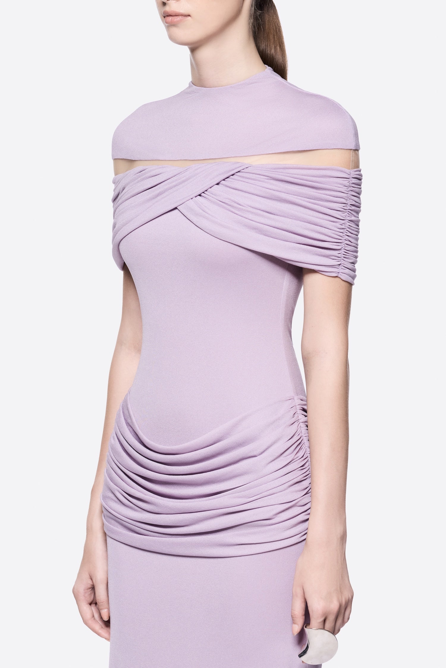 MEGAN RUCHED KNIT PATCHWORK PURPLE MAXI DRESS