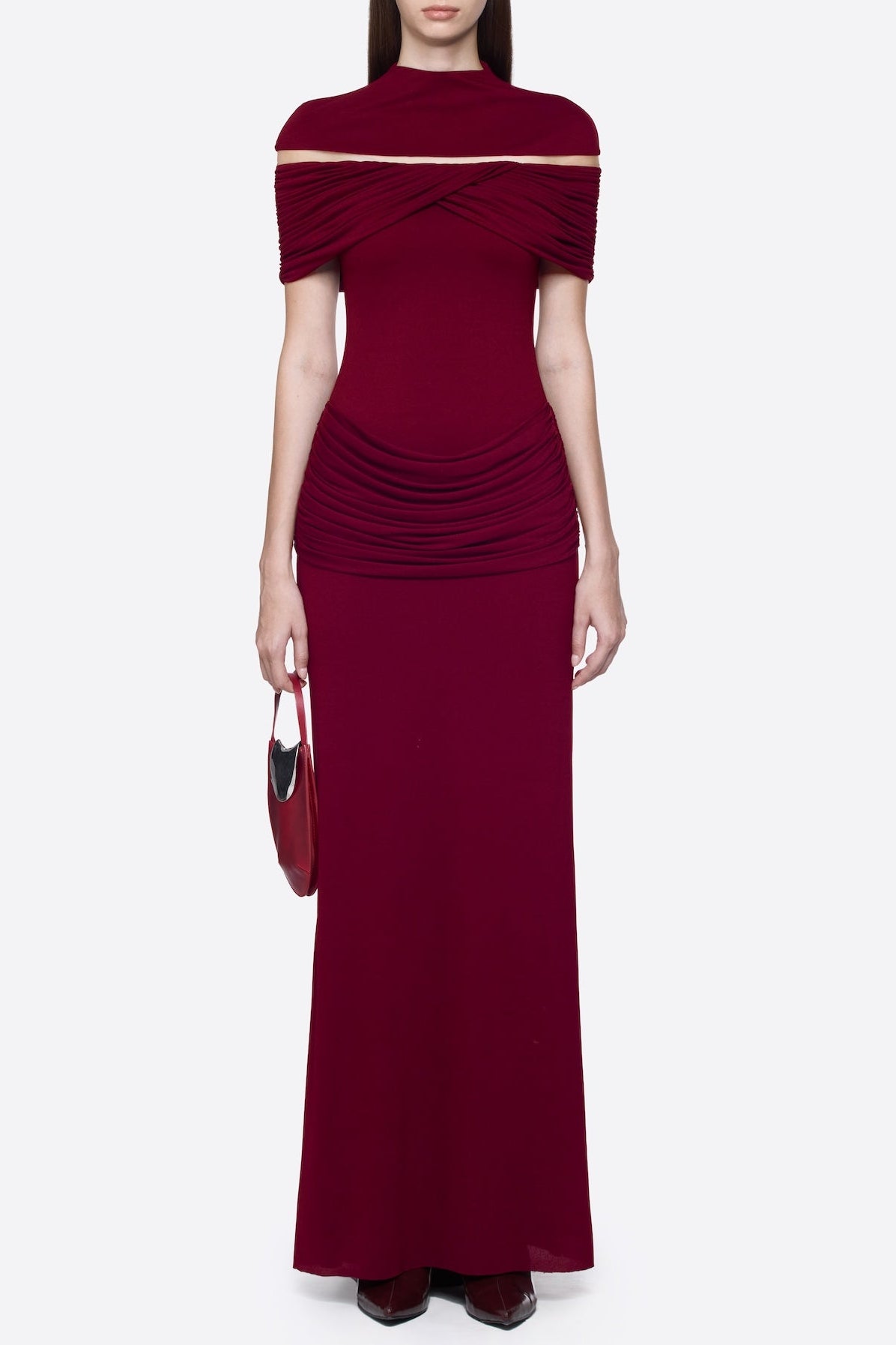 MEGAN RUCHED KNIT PATCHWORK MAXI DRESS IN SANGRIA RED