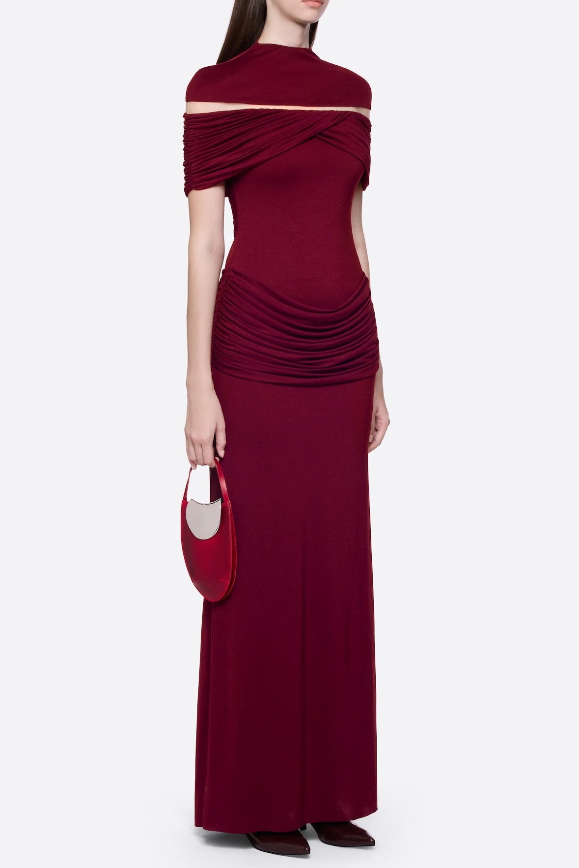 MEGAN RUCHED KNIT PATCHWORK MAXI DRESS IN SANGRIA RED
