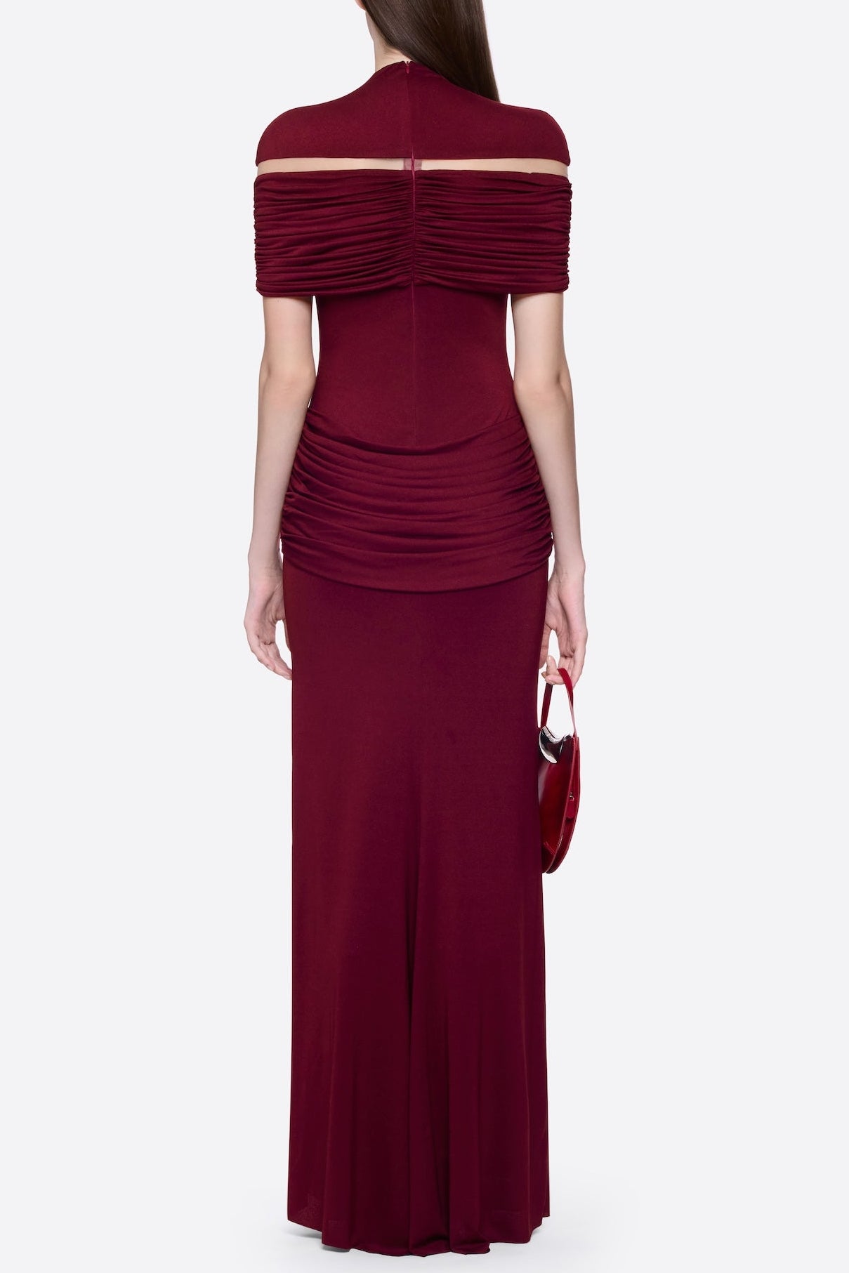 MEGAN RUCHED KNIT PATCHWORK MAXI DRESS IN SANGRIA RED