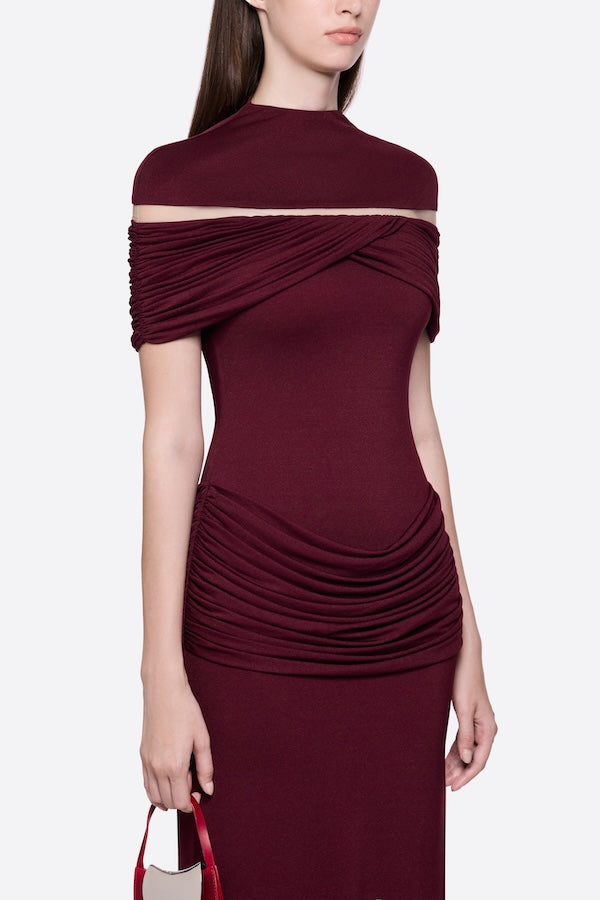 MEGAN RUCHED KNIT PATCHWORK MAXI DRESS IN SANGRIA RED