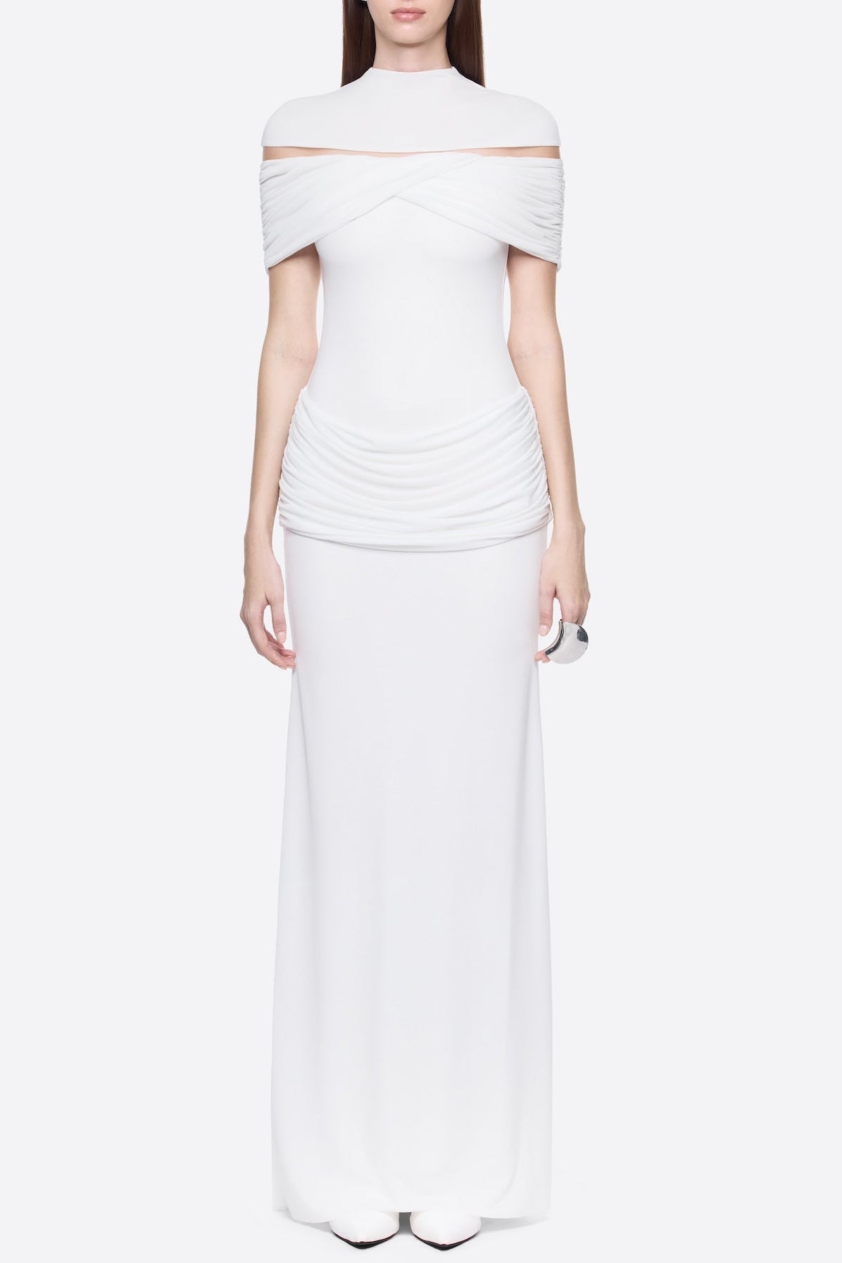 MEGAN RUCHED WHITE KNIT MAXI DRESS