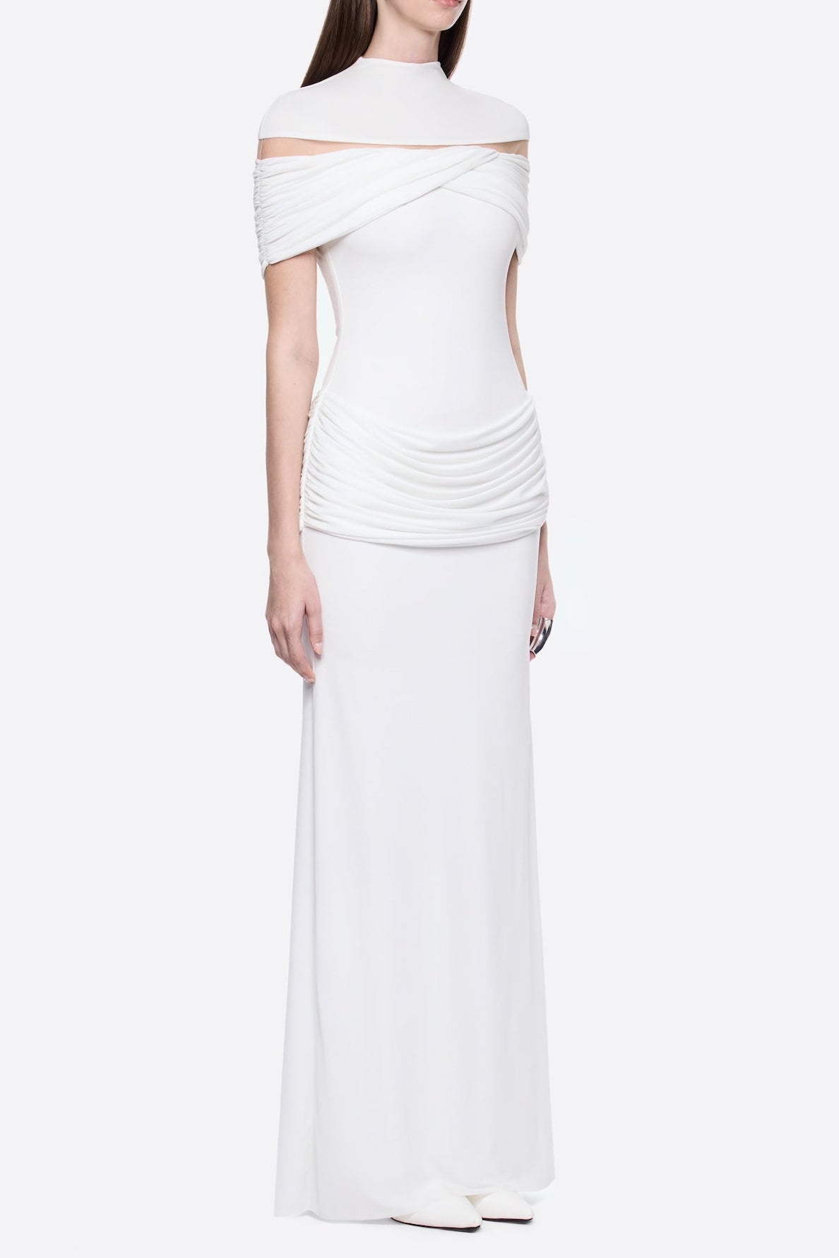MEGAN RUCHED WHITE KNIT MAXI DRESS