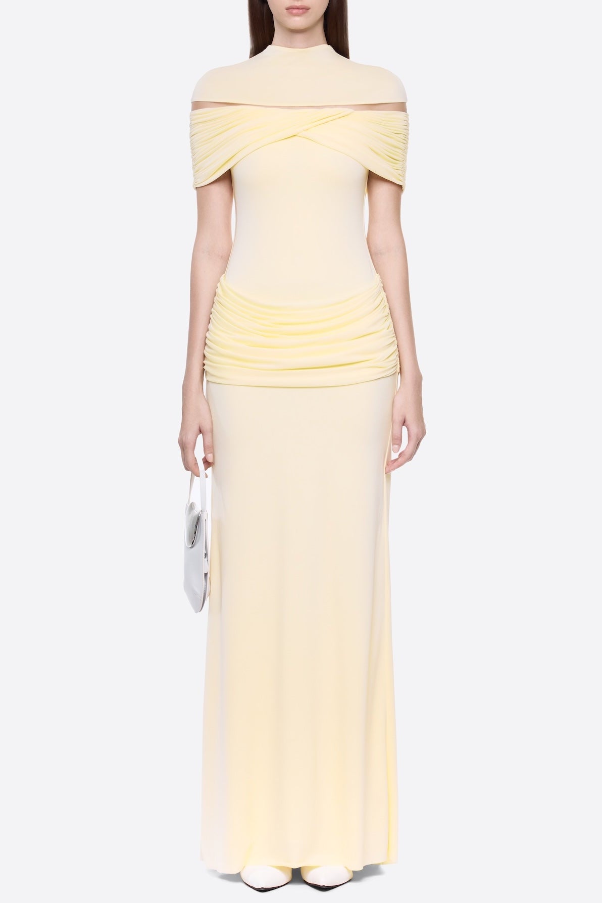 MEGAN RUCHED KNIT YELLOW MAXI DRESS