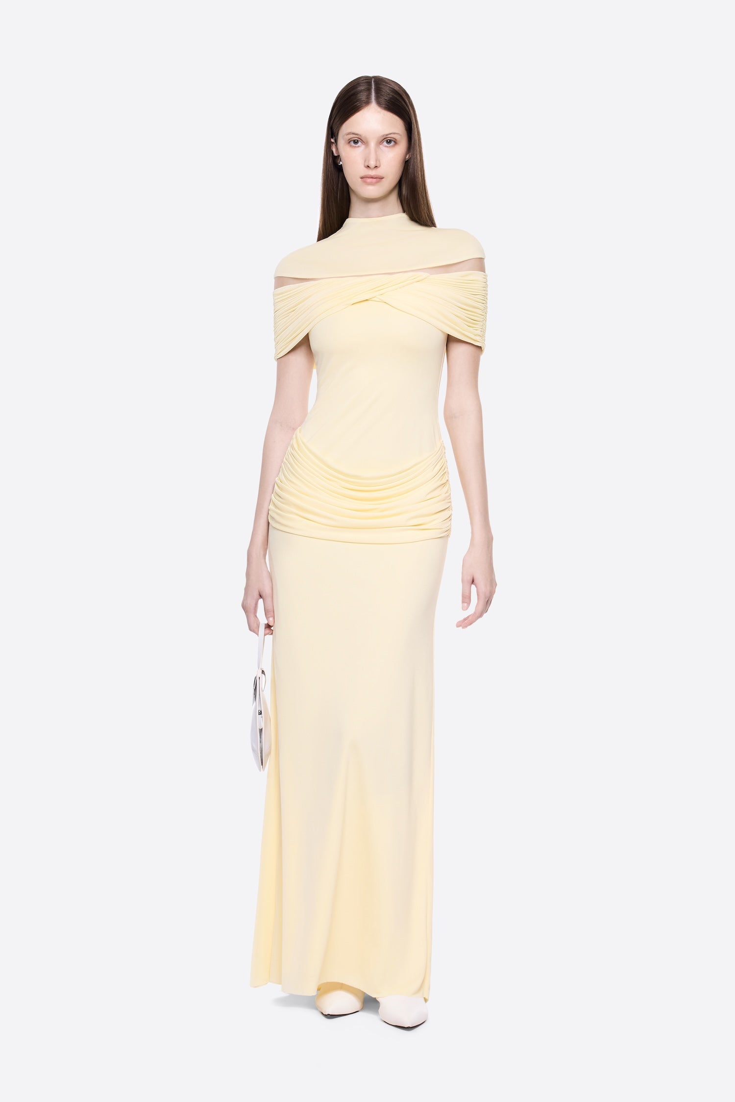 MEGAN RUCHED KNIT YELLOW MAXI DRESS