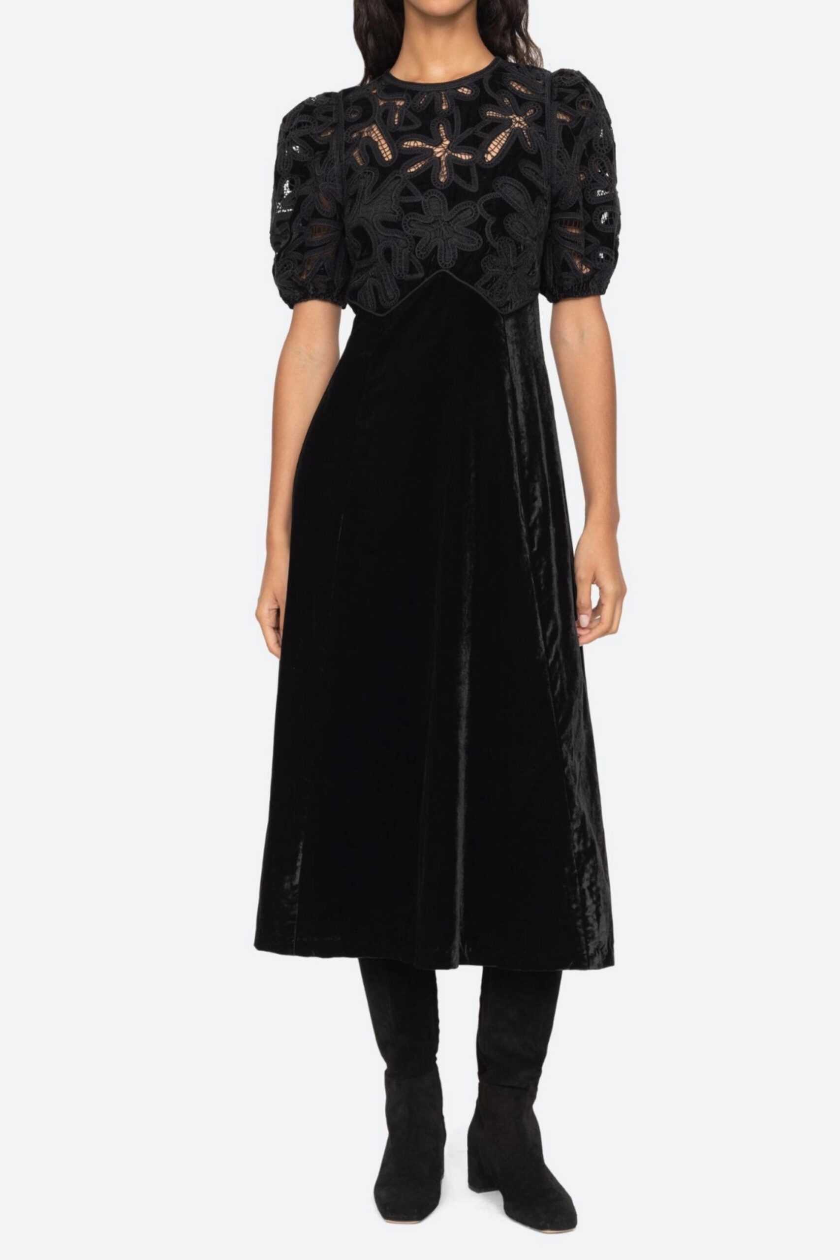 280_400462e7-139a-4027-bec2-1496226b22eb VELVET PUFF SLEEVE EMBROIDERED MIDI DRESS BLACK