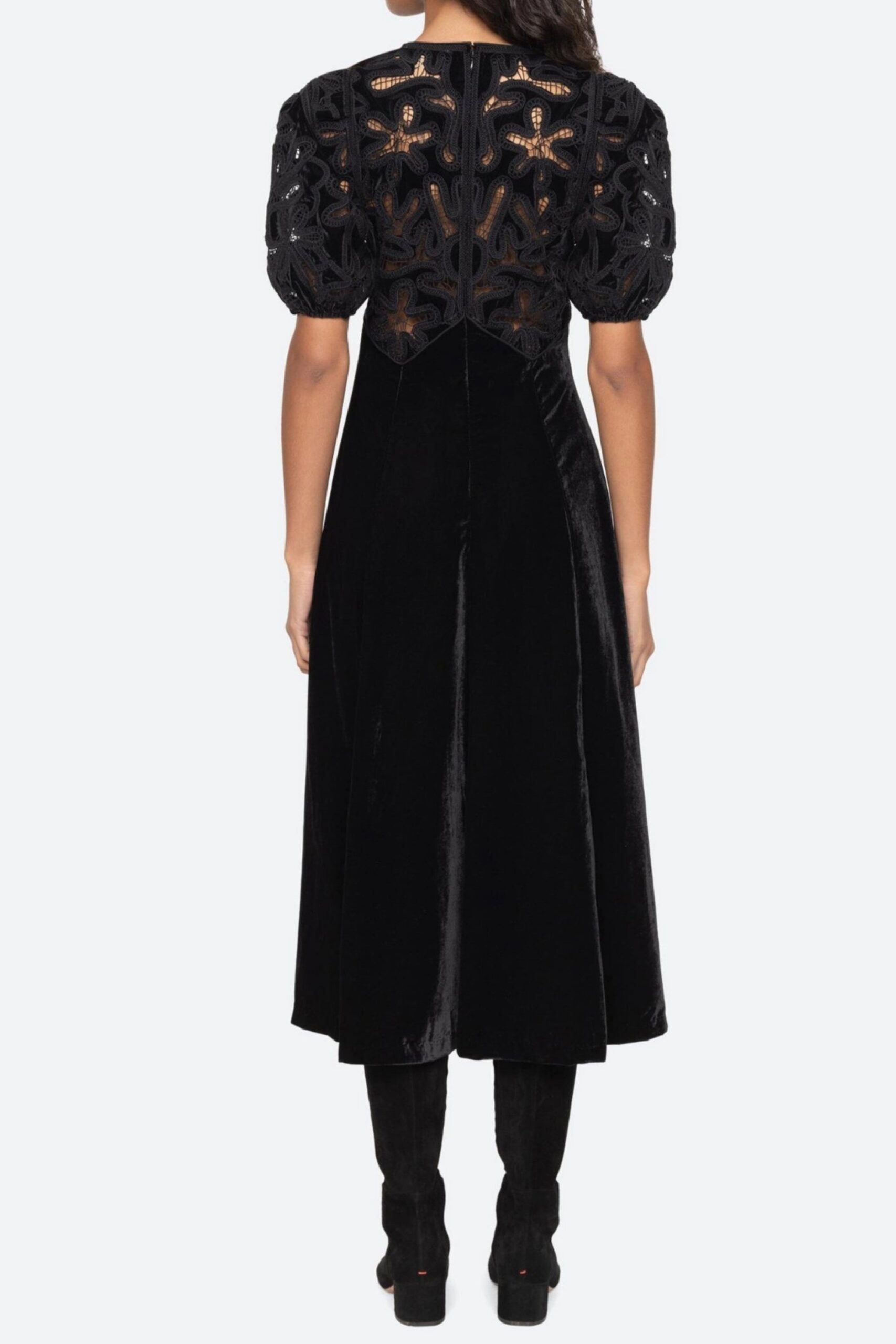 VELVET PUFF SLEEVE EMBROIDERED MIDI DRESS BLACK