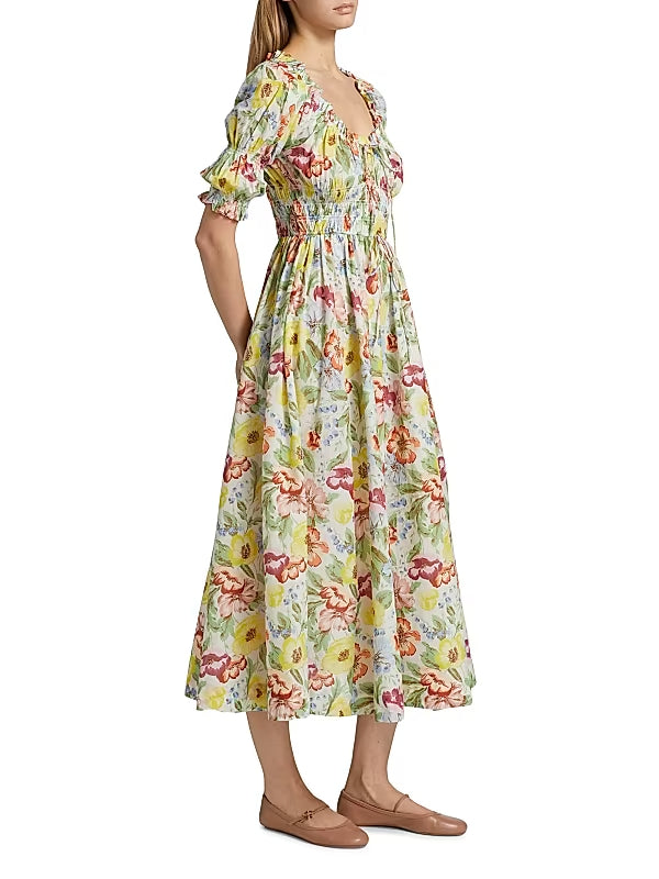 TOBEY ISCHIA FLORAL SMOCKED MIDI DRESS