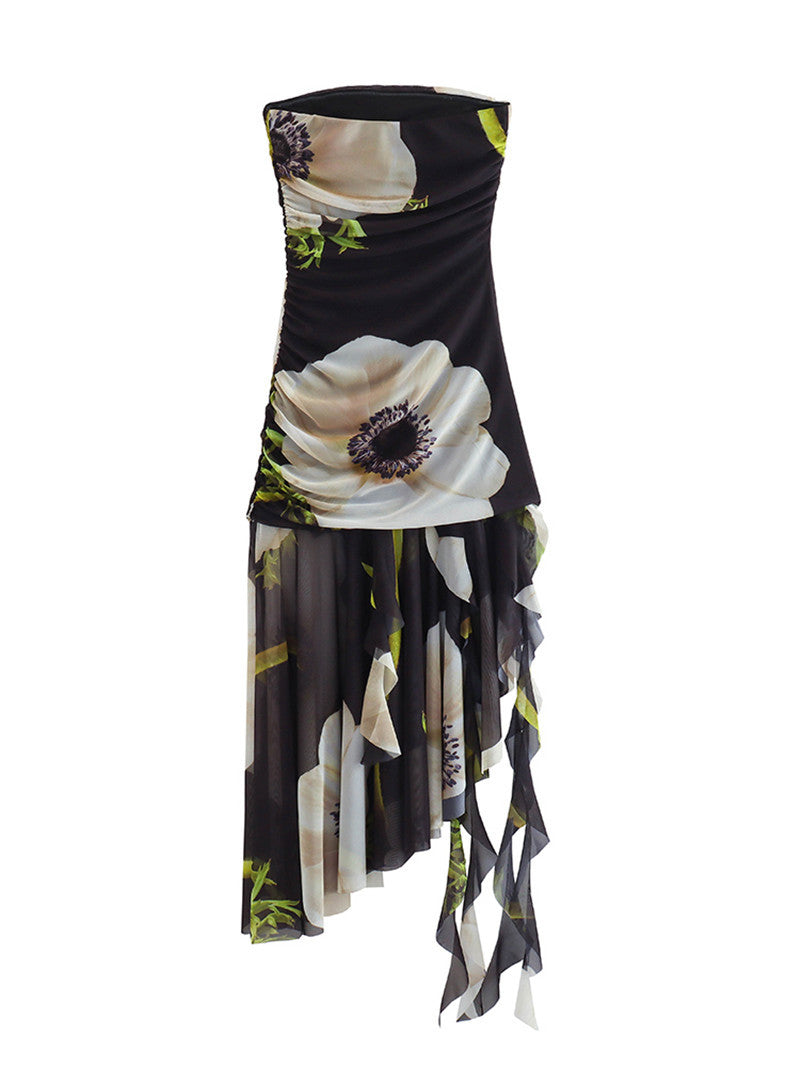STRAPLESS PRINTED TULLE MIDI DRESS FOR WEDDING GUEST
