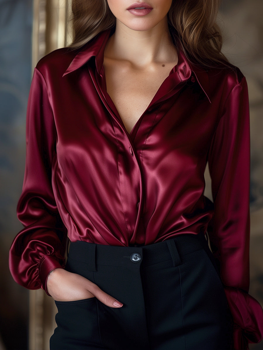 ELEGANT BLACK SATIN LONG SLEEVE BLOUSE
