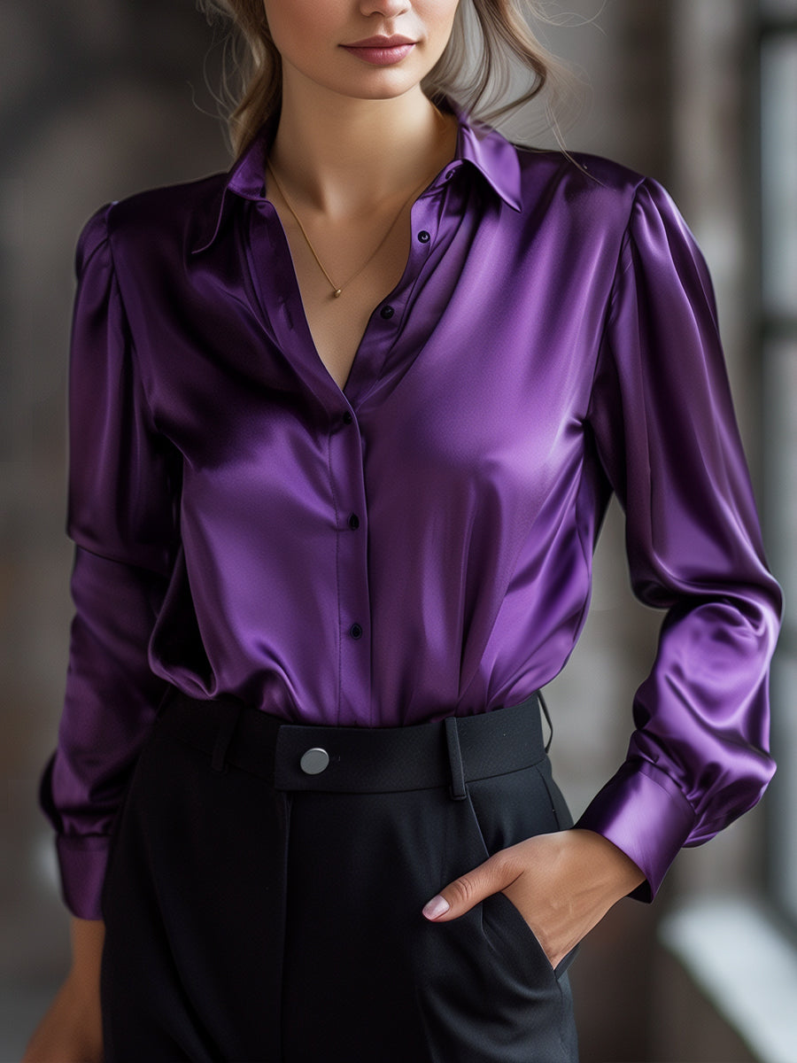 ELEGANT BLACK SATIN LONG SLEEVE BLOUSE