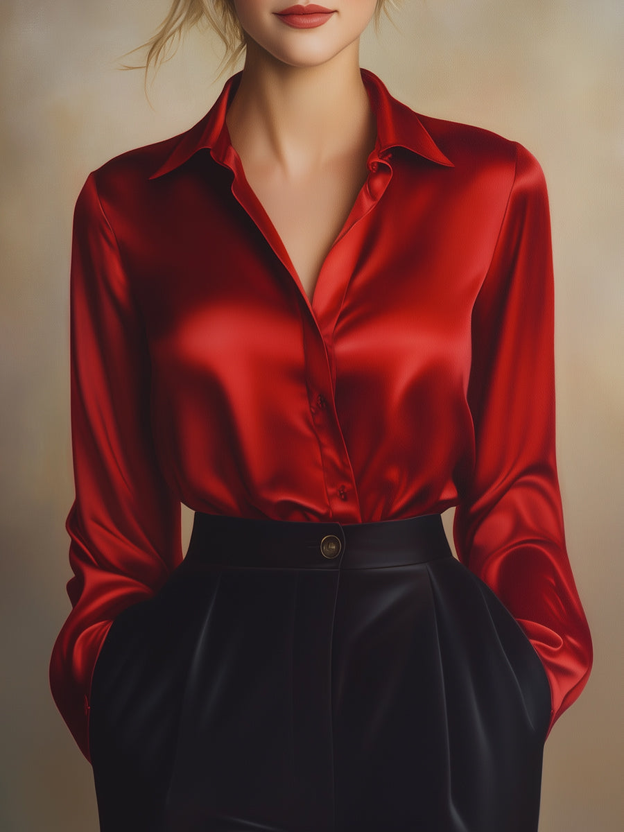 ELEGANT BLACK SATIN LONG SLEEVE BLOUSE
