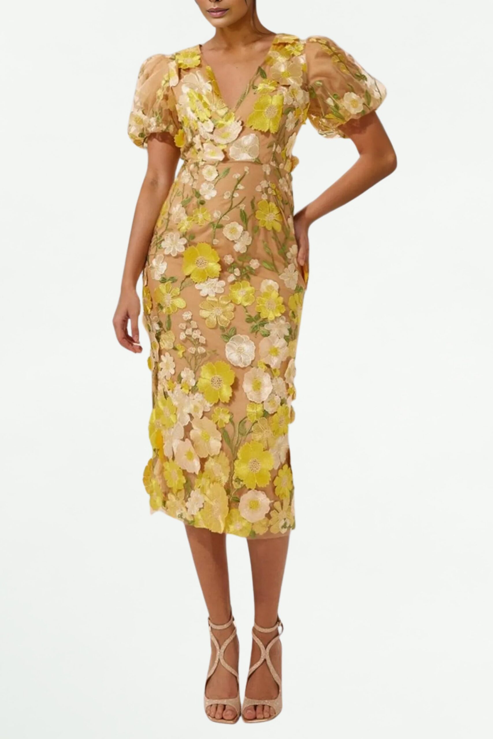 EREN PUFF SLEEVE V-NECK FLORAL MIDI DRESS FOR WEDDING GUEST